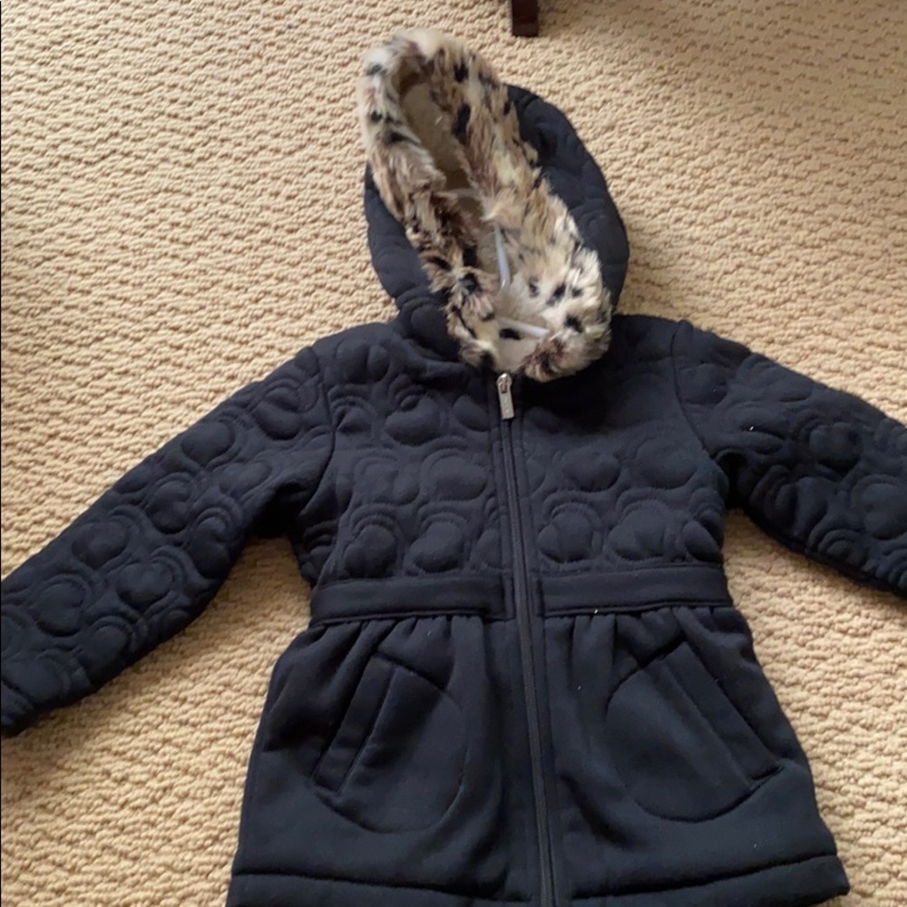 Black quilted jacket w/ cheetah hood. Sherpa lined